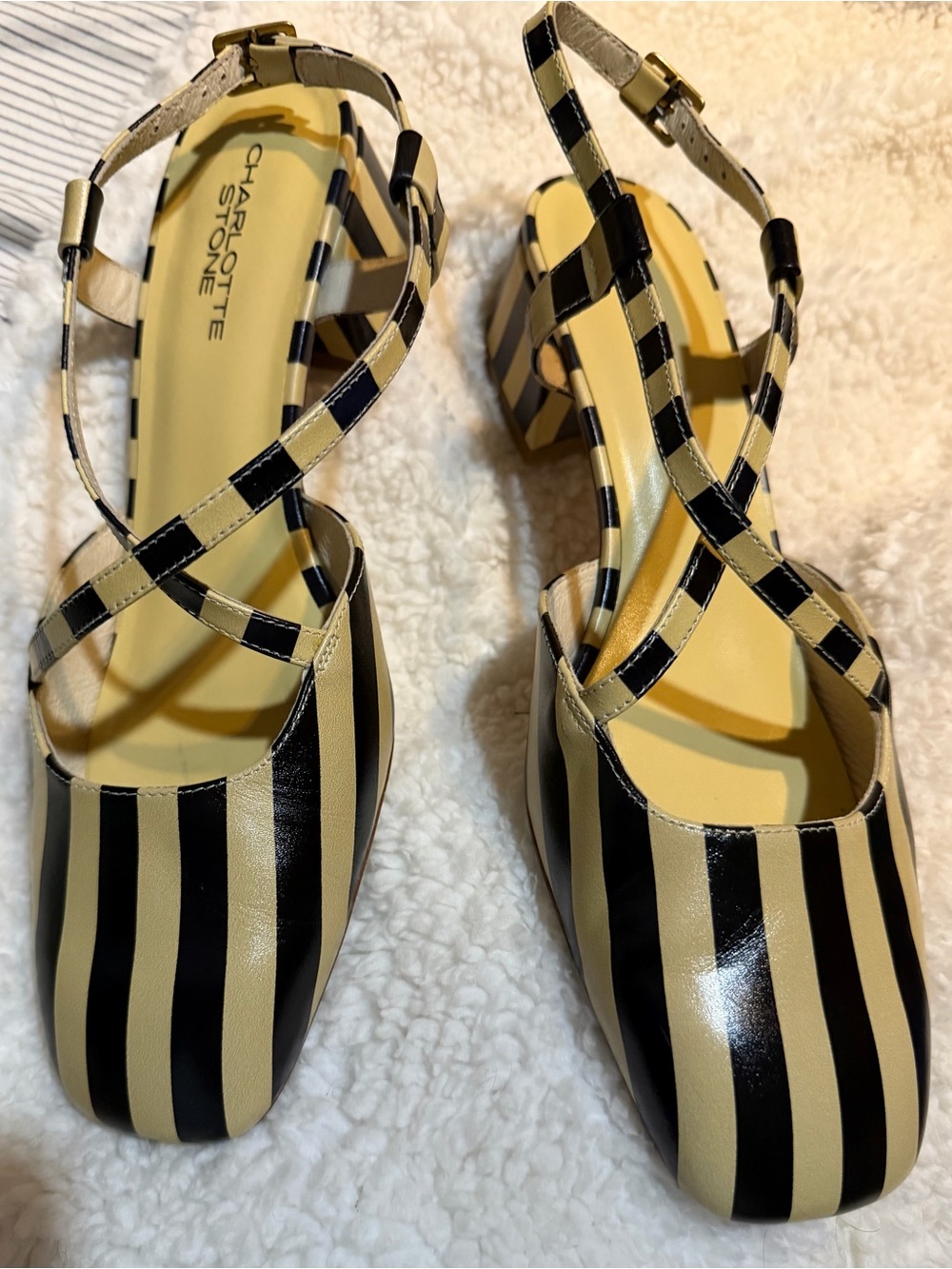 Charlotte Stone Yellow and Black Striped Crisscross Block Heel Pump - Picture 13 of 16